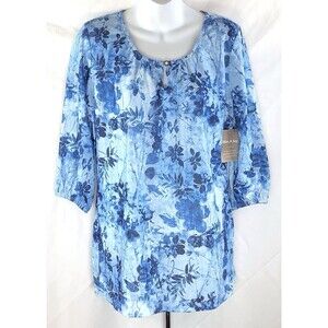 NWT Tunic Top S Blue Floral Keyhole Scoop 3/4 Sleeve Boho Hippie tropical Beach